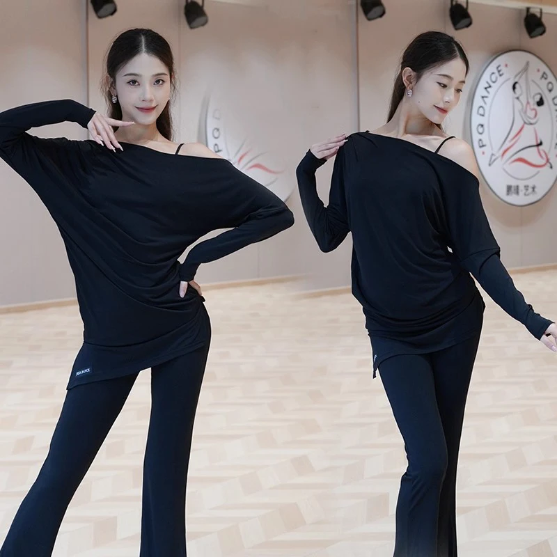 Trajes de dança latina ombro inclinado solto impressão para mulheres topos chacha tango samba dança prática treinamento uso diário dql12051