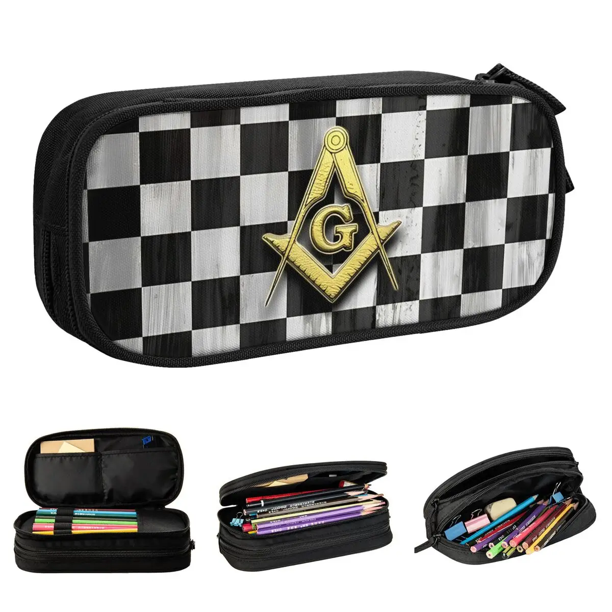 Freemason mason damas xadrez lápis casos adorável caneta titular saco estudante grande capacidade material escolar zíper pencilcases
