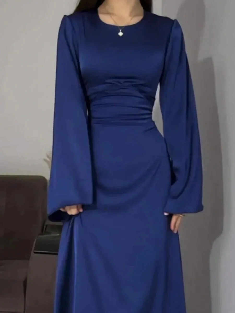 

Navy Blue Long Sleeve Modest Dress with Ruched Waist and Bell Sleeves
