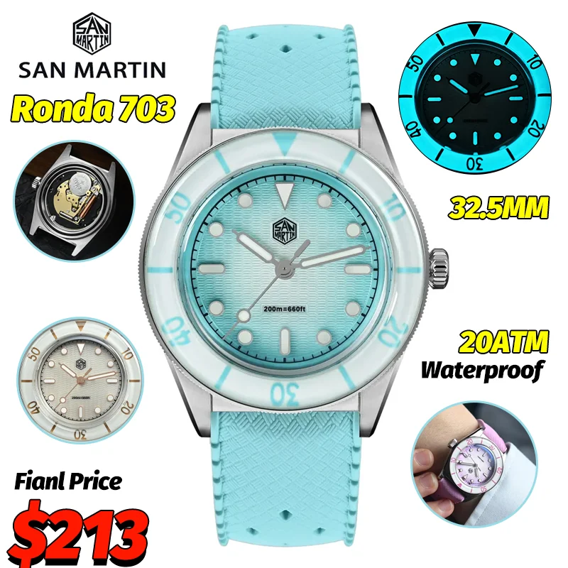 

San Martin SN0151 32,5 мм Роскошные кварцевые часы для женщин, наручные часы Ronda 703, модный циферблат с гильошем и перламутром, водонепроницаемость 200 м, ремешок FKM