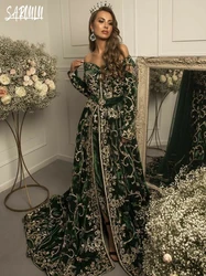 Luxury Velvet Evening Dresses Moroccan Fashion Sequins Customized Caftan Gold Appliques Floor-length Prom Gown Robe De Mariée