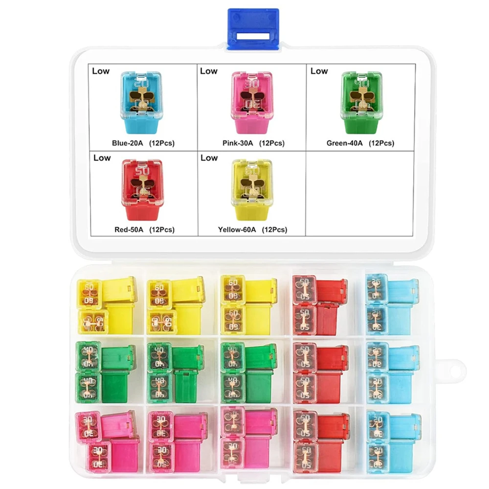 60Pcs Jcase Low Profile Box Shaped Fuse Kit - Cartridge Fuse, Square Fuse Female 20A 30A 40A 50A 60A For Automotive, Boat, Truck