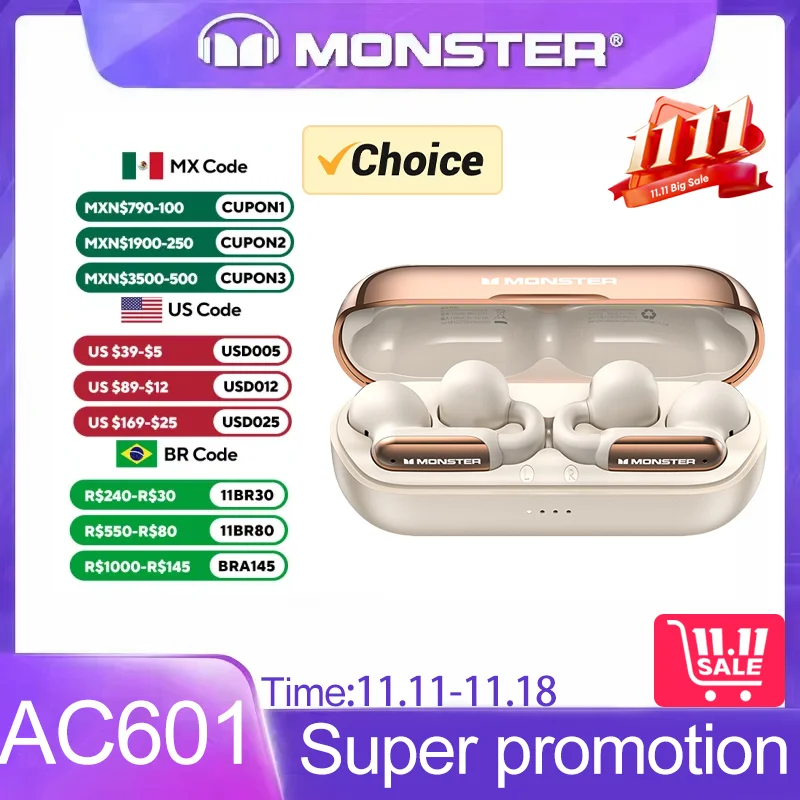 Original Monster AC601 OWS Wireless Bluetooth V5.4 Headphones High Quality Headset HIFI Sound Earbuds Low Latency Earphones New