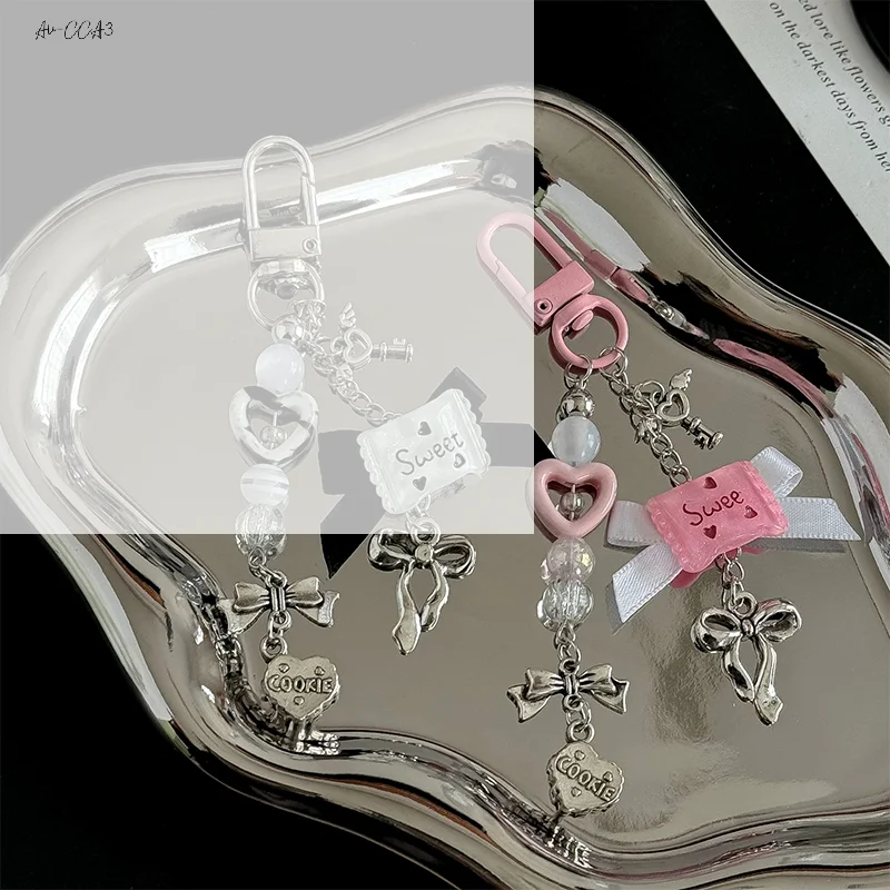 Y2k Heart Candy Key Chain Love Beads Phone Pendant Headphone Case Charm Bag Decor Car Key Ring