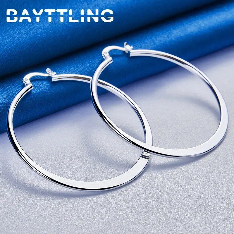 Genuine 925 Sterling Silver 55MM Glossy Round Flat Hoop Earrings For Women Wedding Fashion Gifts Accessories Jewelry