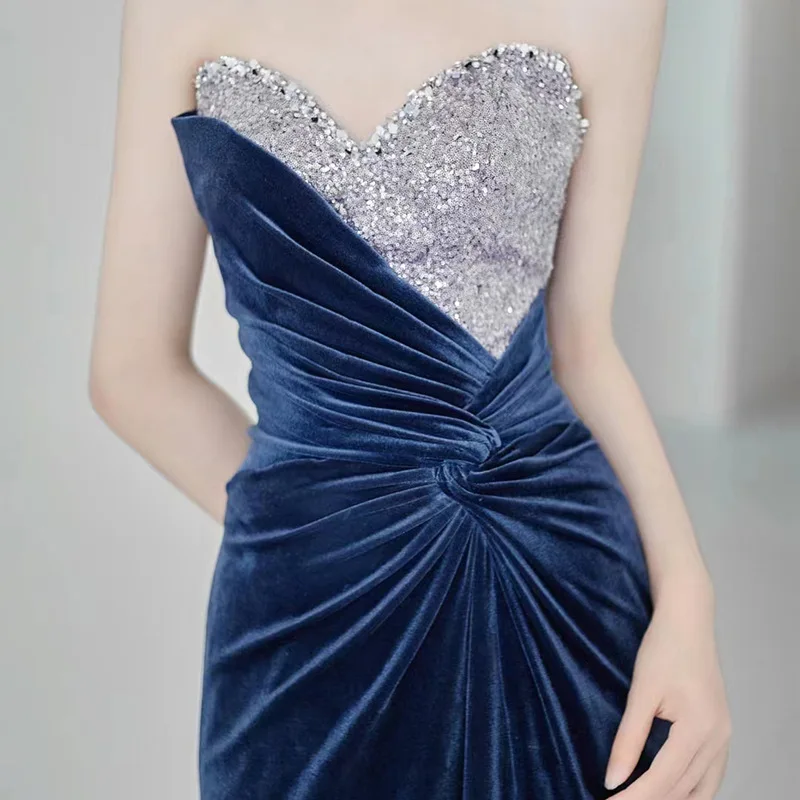 Exquisite Blue Sequin Velvet Splicing Cocktail Party Evening Dresses Charming Strapless Women's Evening Party Dresses