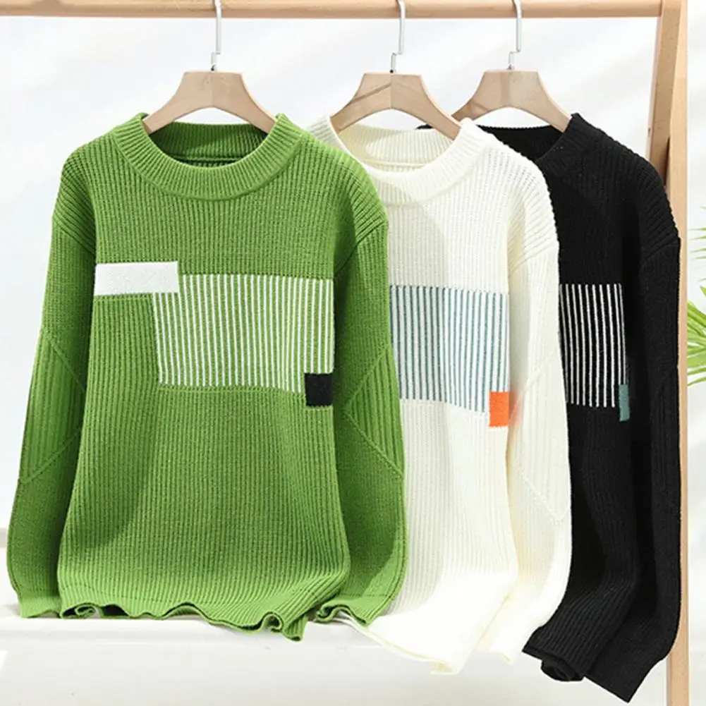 

1Pc Soft Autumn Winter Men Sweater Thick Loose Knitted Colorblock Pullover Elastic Daily Wear Sport Business Casual Wear Sweater