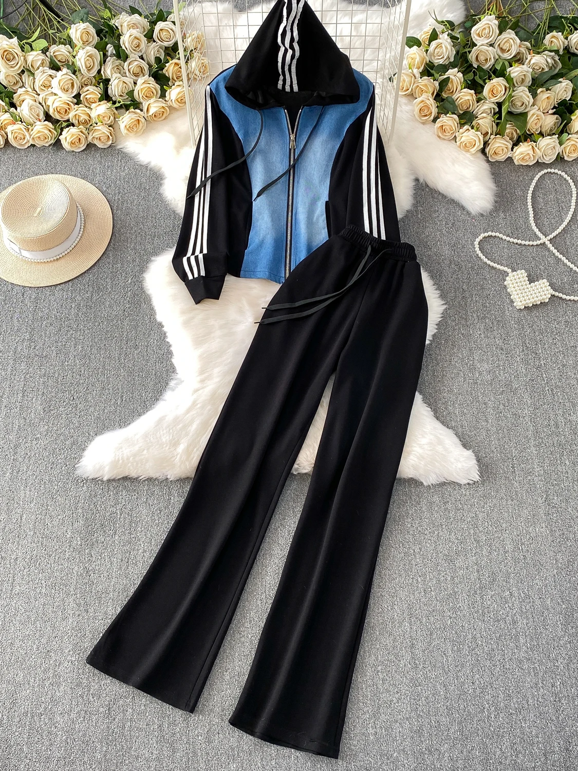 

Зимняя мода для похудения с капюшоном в полоску, джинсовые длинные све, повседневные прямые широкие брюки с высокой талией, комплект из двух предметов