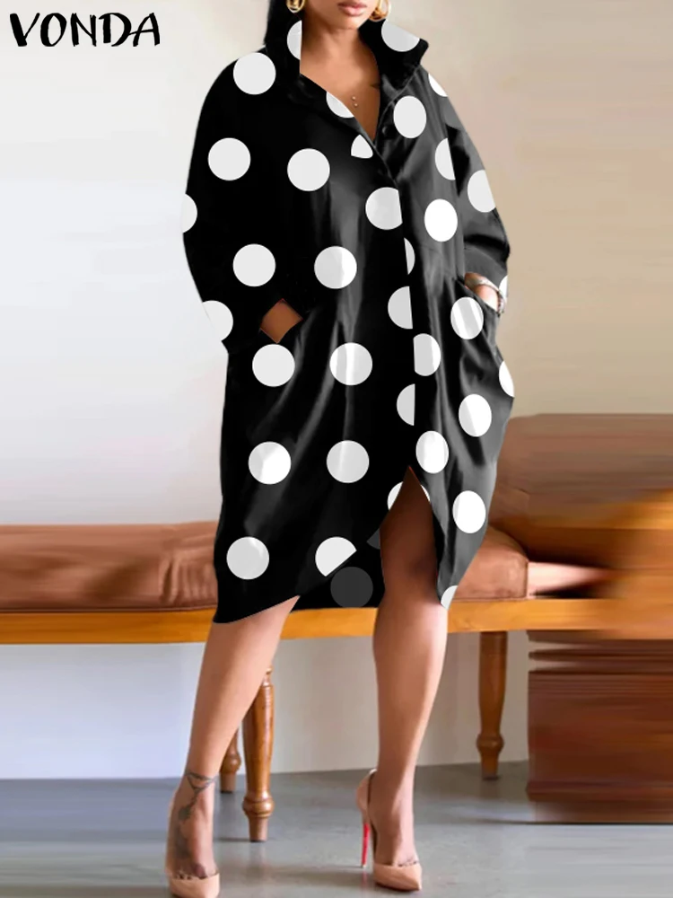 Vonda Plus Size 5xl Vrouwen Polka Dot Jurk 2024 High Street Zonnejurk Turn-Down Kraag Onregelmatige Jurk Feest Vestido Casual Gewaad