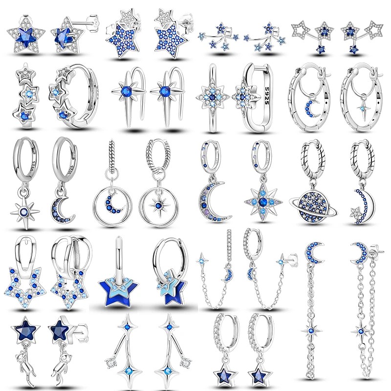 

Blue Star Hoop Earrings 925 Sterling Silver Original Dark Blue Star Moon Shining Zircon Earrings For Women Wedding Jewelry Gift