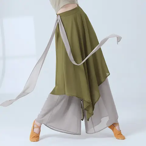 กางเกงเต้นคลาสสิกสำหรับฝึกซ้อมเต้นชุดจีนผ้าชีฟองพลิ้วไหวกระโปรงทรงหลวมขากว้างเครื่องแต่งกายพลิ้วหลวม