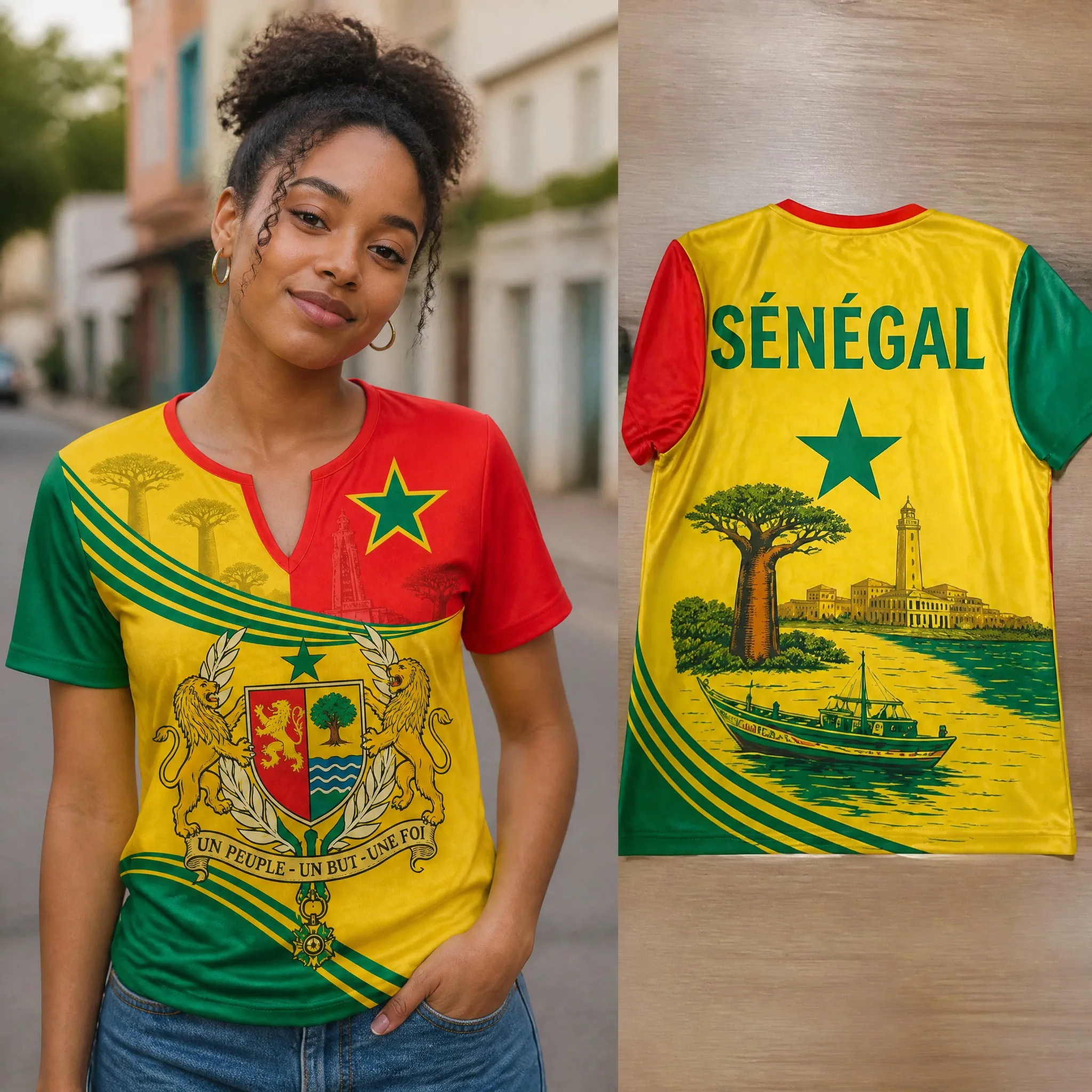Womens Senegal Small V Neck T Shirt Yellow Lion Crest Tree Boat Print Casual Summer Short Sleeve Top Heritage Daily Street Looks