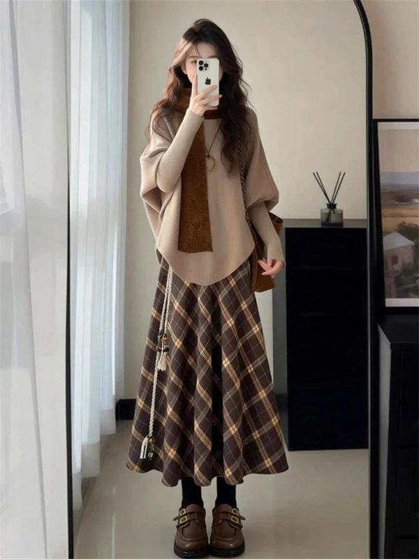 

Korean Retro High-End Checkered Loose Knitted Sweater Warm Scarf Two-Piece Set Long Skirt Fashionable Winter Outfit for Women
