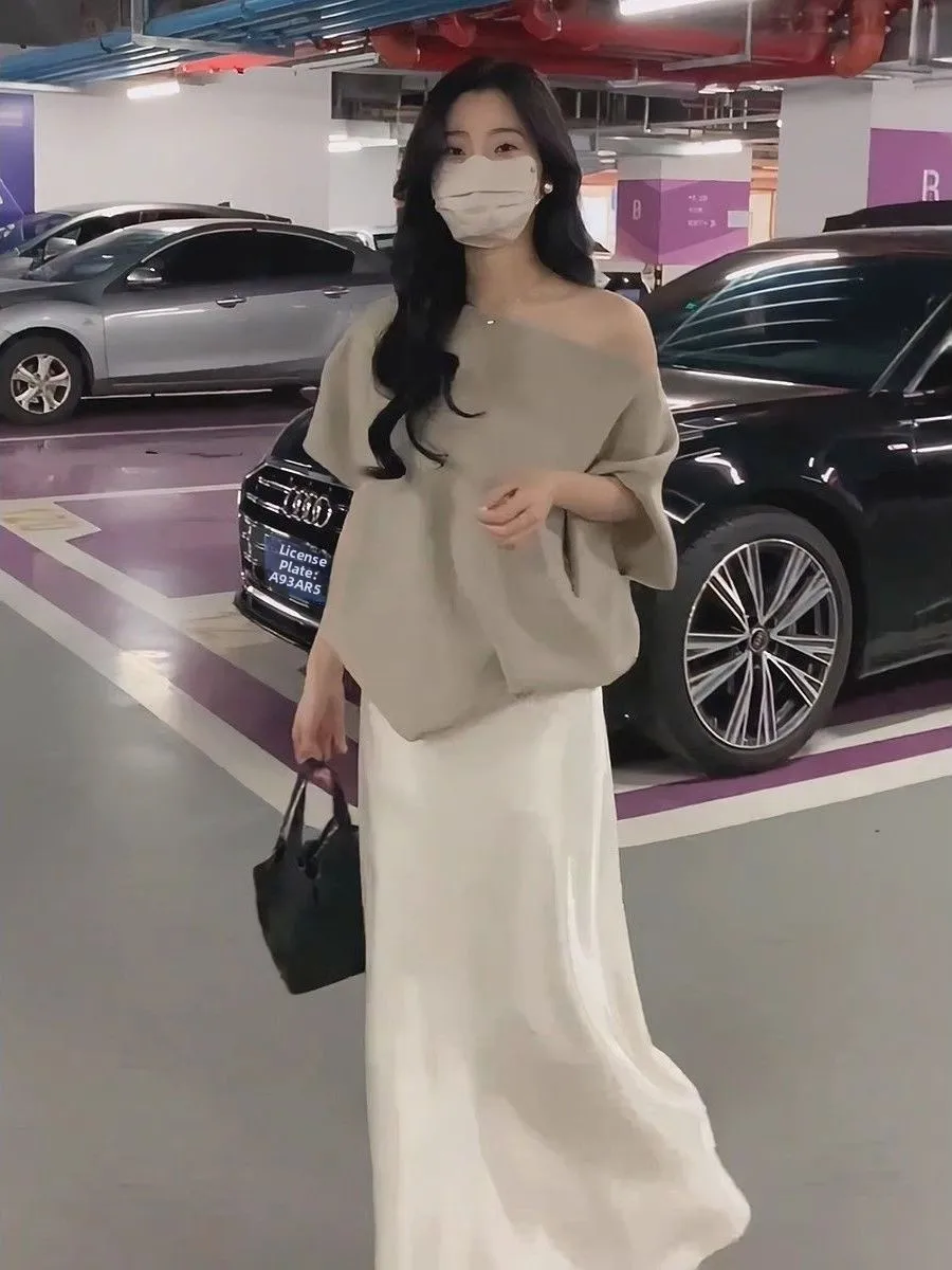 

Summer New Loose Feelings Women's Fashion Set Silk Satin Short Sleeve Top High Waist Midi Skirt Two-Piece Set Spring Collection