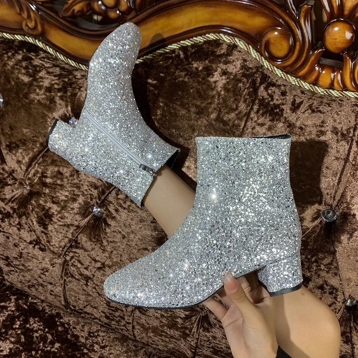 Fashion Sequins Women Boots Pink Ladies Plus Size Round Toe Ankle Boots Glitter Casual Chunky Heel Short Boots Party High Heels