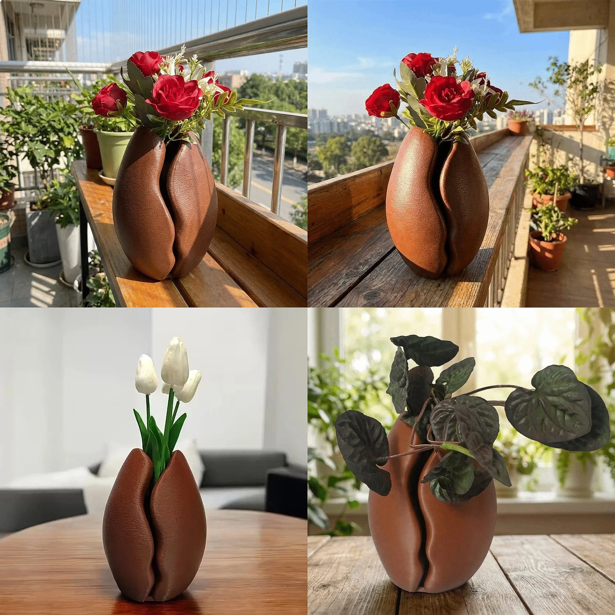 3D Printed Coffee Bean Planter Minimalist Brown Plastic Flower Pot Balcony Decor Vase