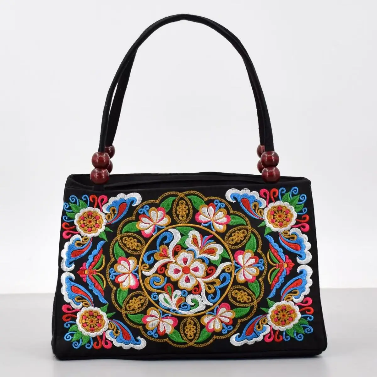 

Ethnic Double-sided Embroidered Handbag Wooden Bead Accessories Double-layer Zipper Handbag Portable Mobile Phone