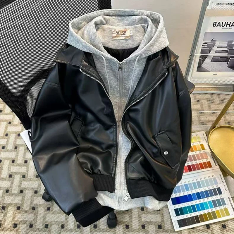 

Hoodie Pu Leather Jacket for Women Winter Loose Patchwork Casual Motorcycle Jacket Y2K Streetwear Fake 2 Piece All Match Coats