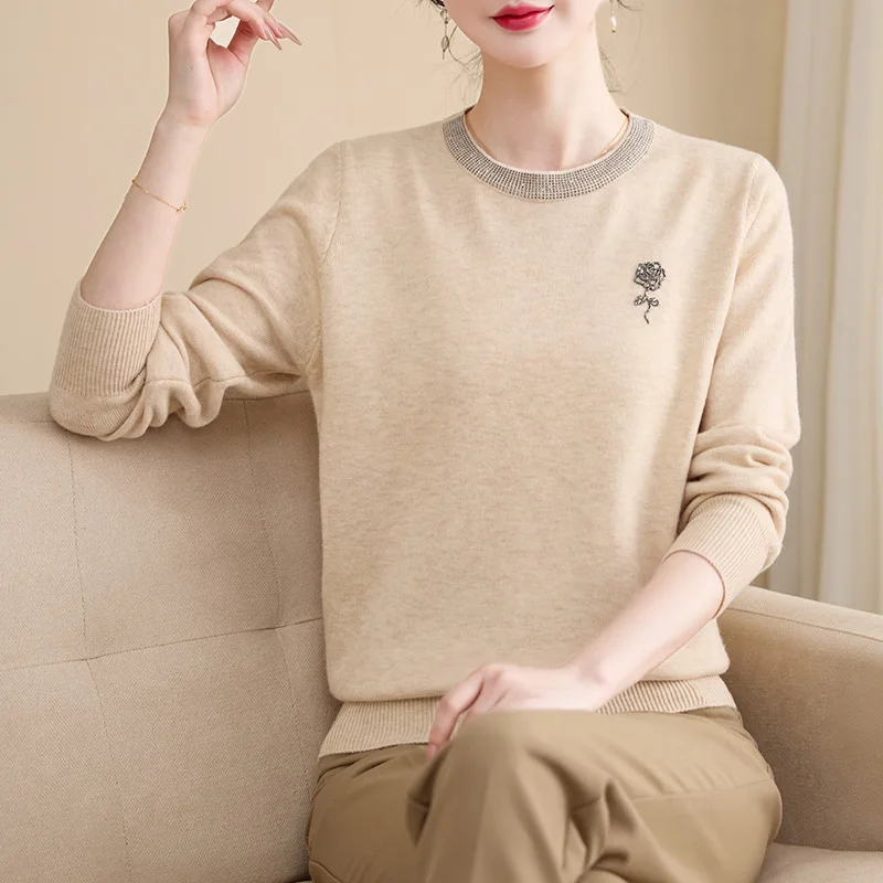 Middle Aged Mother Knitwear Top Round Neck Long Sleeve Knit Women's Sweater Spring Autumn Pullover Blouse Jumper Woman Clothing