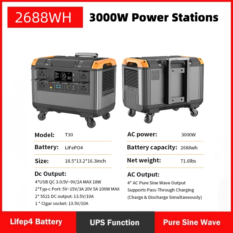 3000W Portable Power Station LiFePO4 Battery Backup Expandable Solar Generator Portable 2688Wh power generator Fast Charging