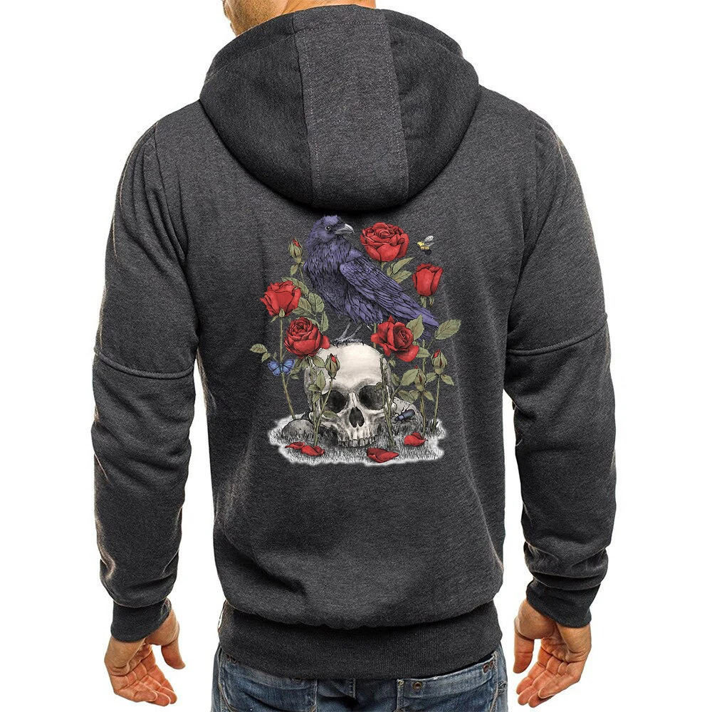 Art Nouveau Skull Rose Crow Butterfly Sweatshirt Men Funny Casual Wear Pocket Hoodies Winter Fleece Zip Up Clothes Zipper Hoody