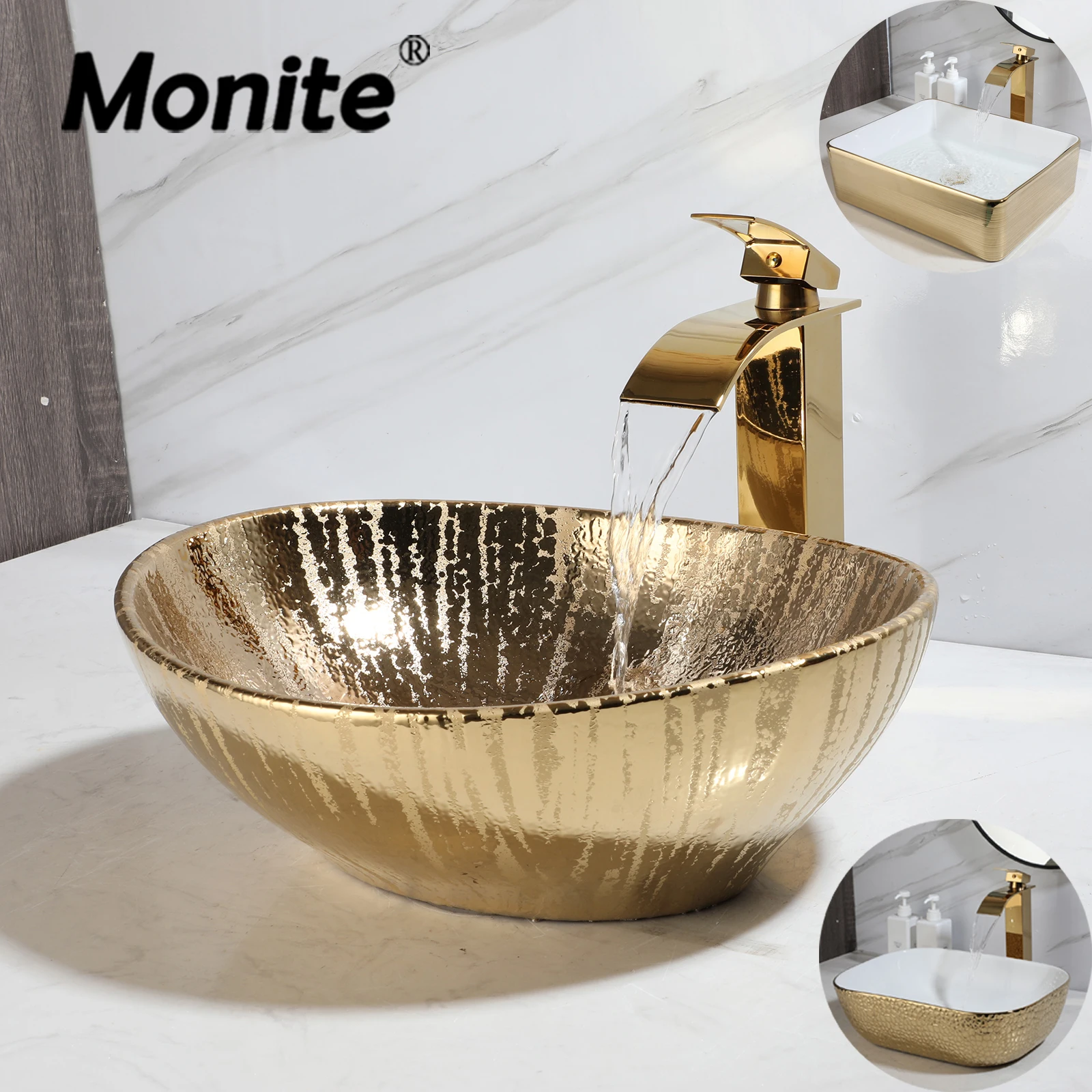 

Monite Ceramics Sink Golden Brass Faucet Pop Up Drain Combo European Style Bathroom Basin Set High-end Countertop Washbasin Kit