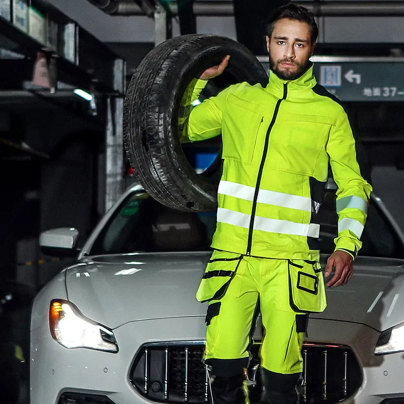 Ensemble veste et pantalon de travail jaune fluo avec plusieurs poches, vêtements de travail haute visibilité imbibés