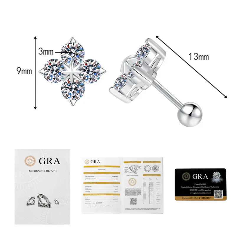 Anting Stud Moissanite Bulat JH D VVS1 Untuk Wanita Pria 4 Batu Klasik Perak Sterling S925 Dengan Hadiah Perhiasan GRA