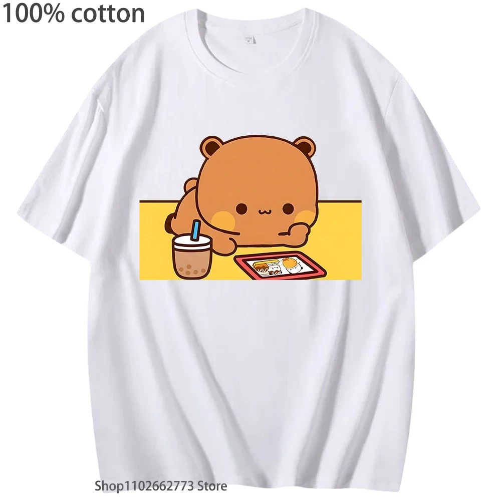 Kawaii Cute Dudu Is Contemplating Bubu Picture T-Shirts Panda Bear Graphic Shirt Women T Shirt 100%Cotton Summer Tees O-Neck Top