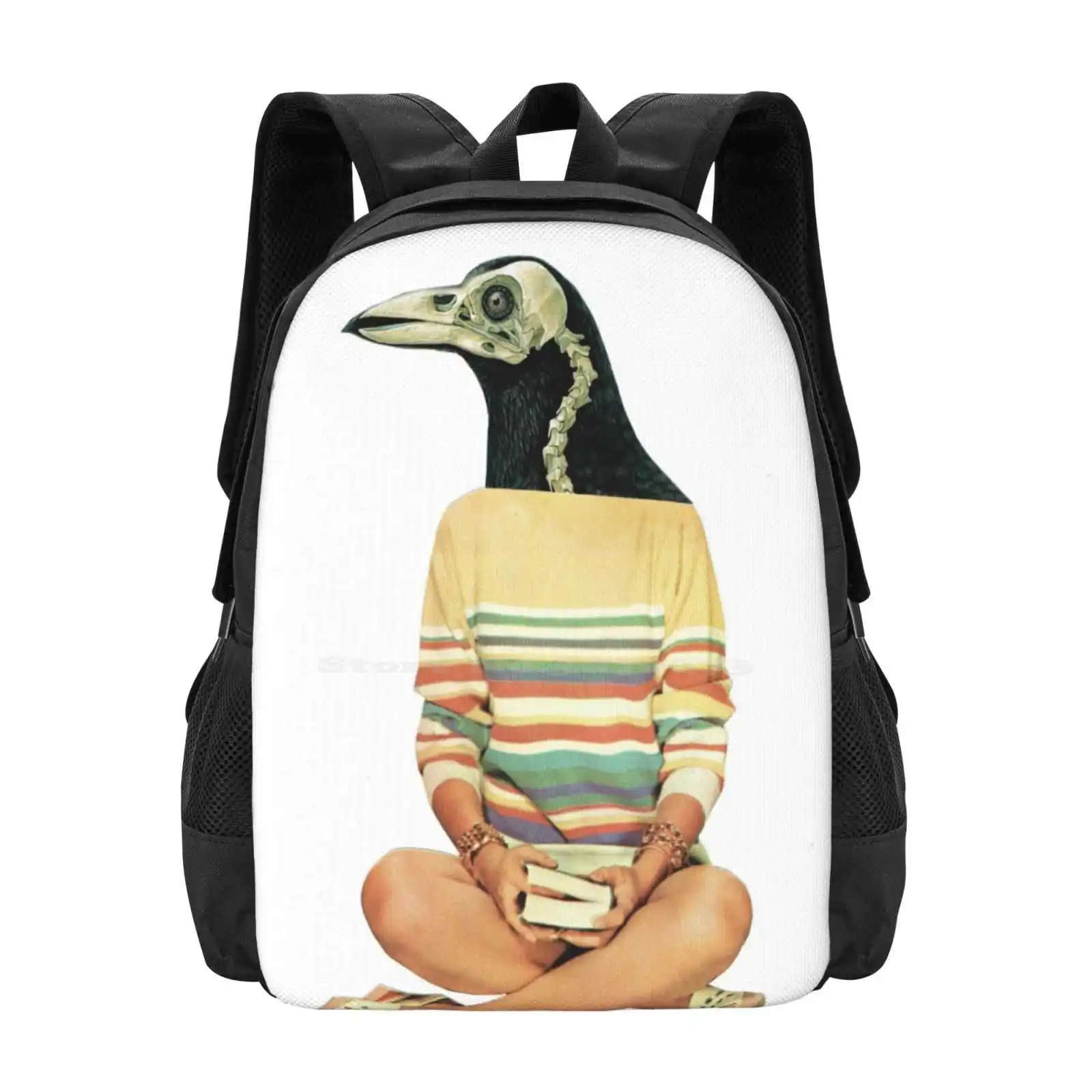 Crow Head New Arrivals Unisex Bags Student Bag Backpack Collage Artist Birds Skeleton Woman Vintage Colours Crow