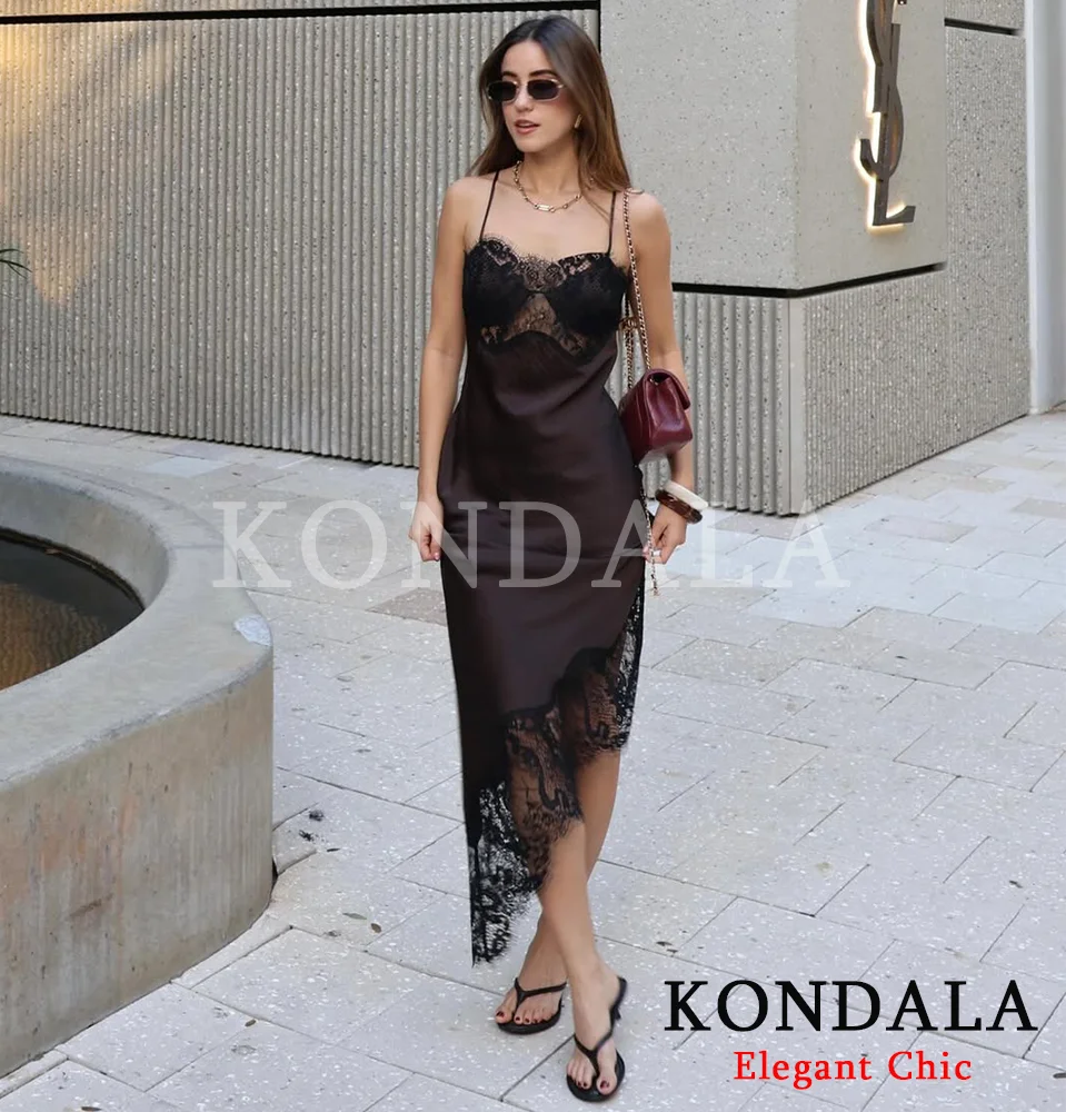 KONDALA Damen-Kleid für Weihnachten, Neujahr, langes Neckholder-Kleid, Spitze, Asymmetrie-Kleid, Herbstmode, elegantes Dinner-Party-Dame-langes Kleid