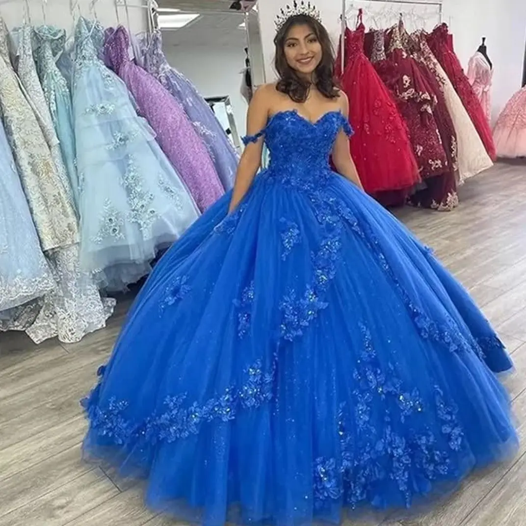 Customized Royal Blue Ball Gown Quinceanera Dress Lace Appliques Beads Ruffles Formal Sweet 16 Gowns Vestidos De XV Años YQD326