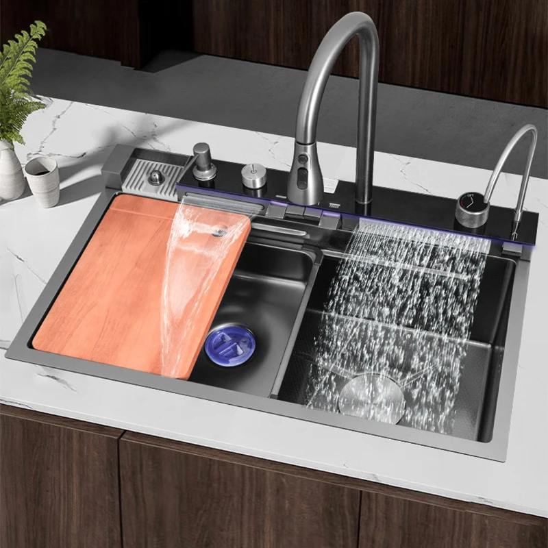 Fregadero de cocina de acero inoxidable con doble cascada, lavabo grande con relieve, ranura única, luz ambiental, pantalla digital