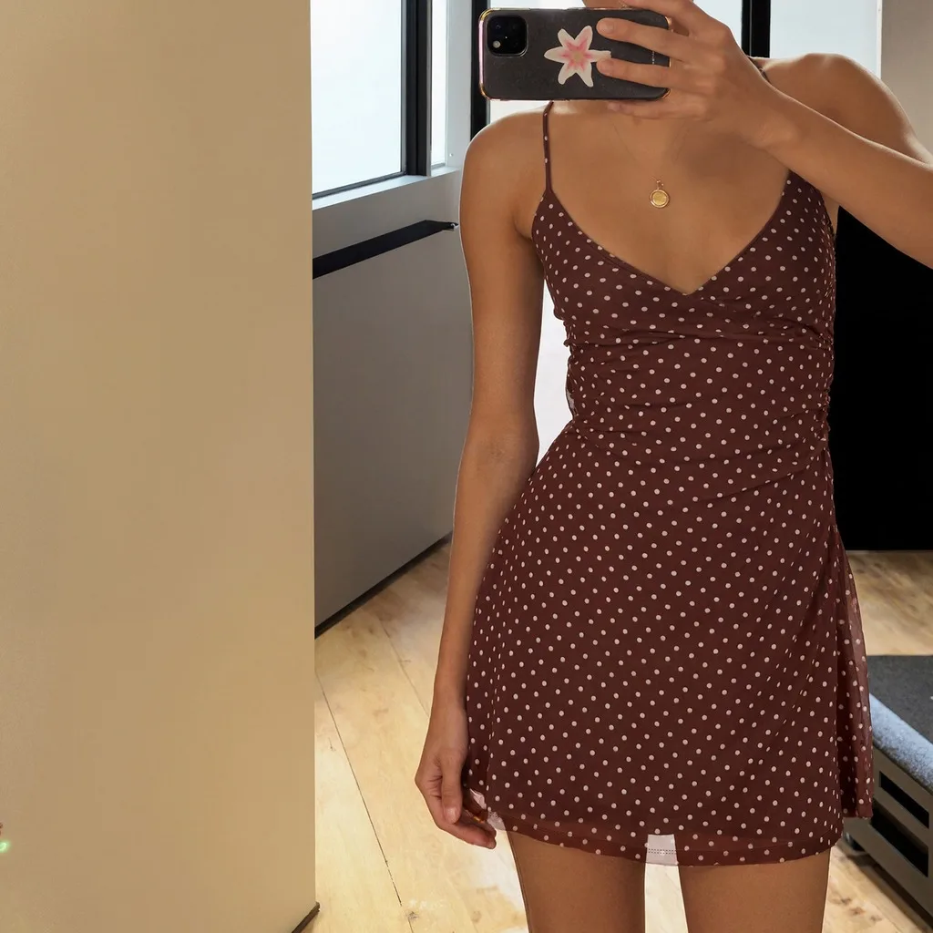 

Vintage Y2k Polka Dot Color Block Mesh Cami Mini Dress Sexy Spaghetti Strap V Neck Backless Tie Up Bodycon Dresses Casual Daily