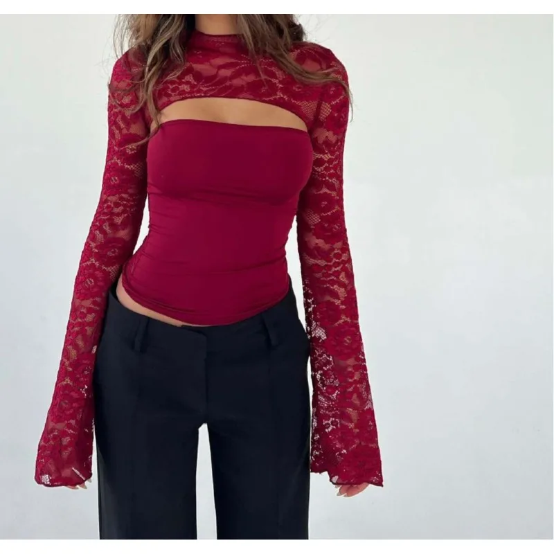 New Women's Lace T-shirt Versatile Top Women's Wear Sexy and Thin Hollow Design Advanced Sense Base
