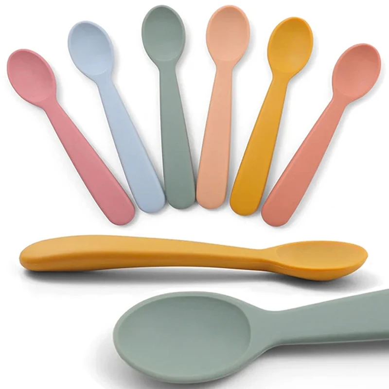 Silicone Soft Spoons Food Grade Neonatus Baby Feeding Eating Teeth Training Auxiliary Tableware Children Safety Soft Head Spoon