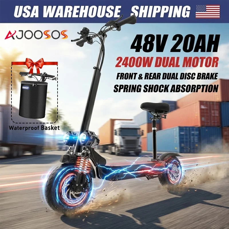 

Электросамокат AJOOSOS для взрослых с сиденьем, двумя моторами 2400 Вт, максимальная скорость 67 км/ч, запас хода 72 км, складной, для поездок на работу