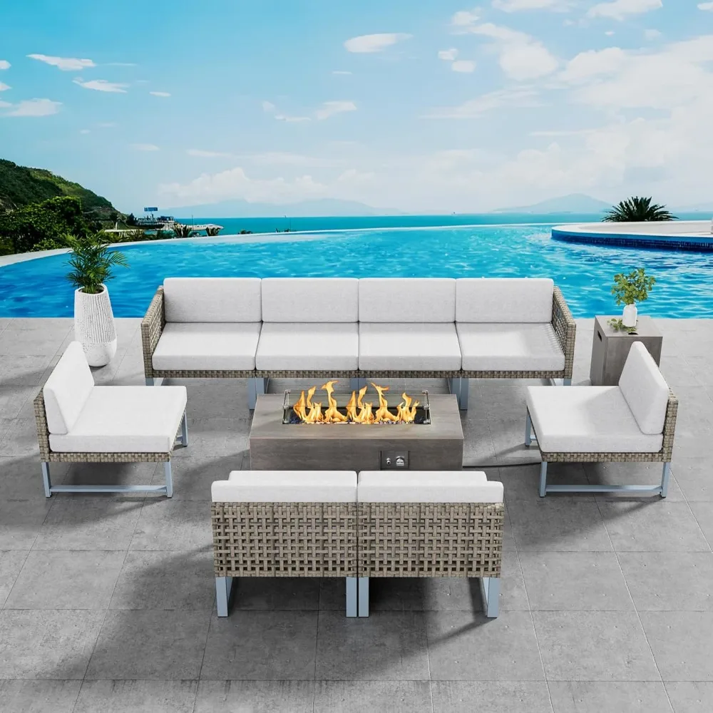 Patio Furniture Set Outdoor Furnitures Sectional Couch Fire Pit Table and Chairs Set with Propane Firepit, Garden Furniture Sets