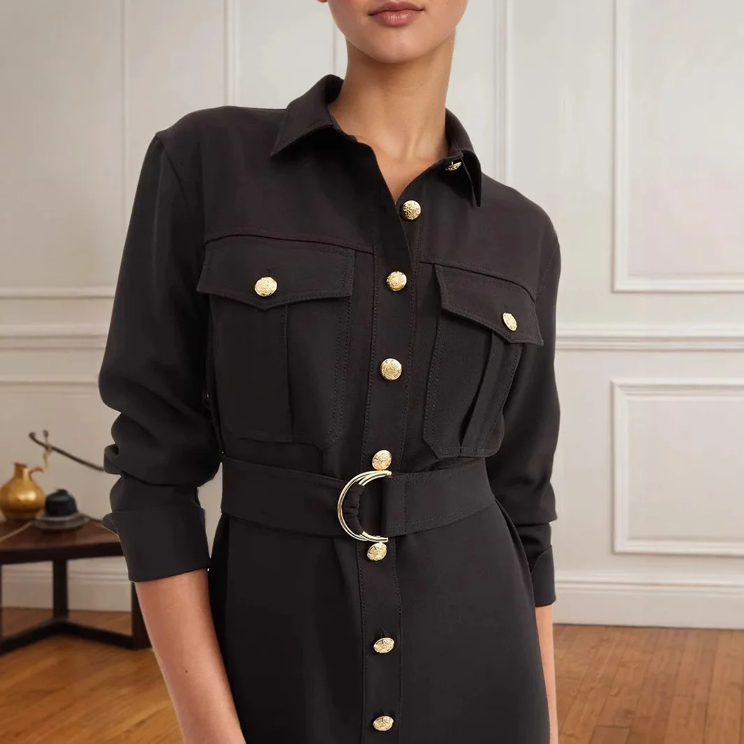 Autumn New Fashionable Metal Button Embellishment Shirt Dress 2025 Temperament Solid Color Lapel Long Sleeve Belt Slim Dress