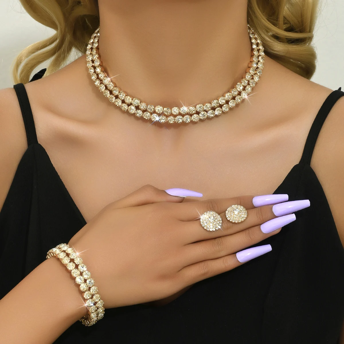 Ladies\' set of Rhinestone light luxury, minimalist and high-end necklaces, earrings, bracelets, wedding party accessories