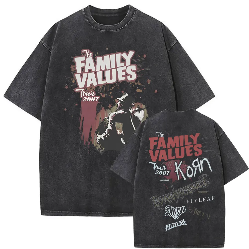 

Washed Vintage Rock Band Korn The Family Values Tour 2007 T-shirts Men Women Punk Gothic Oversized Tshirt Summer Mens Clothes