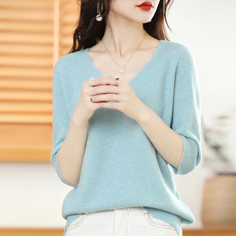 

Women Short Sleeved Sweater, 100% Wool,First-Line Ready-To-Wear V-Neck Knit T-shirt, Spring/Summer Fashion Simple Versatile Tops