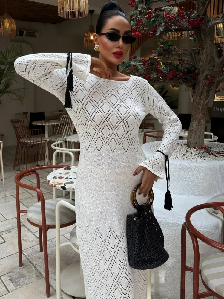 Sexy Women Long Knit Beach Dress Hollow-Out O-Neck Long Sleeve Bikini Cover-Ups Dress Fall Holiday Dress 2026 Summer Cover Up