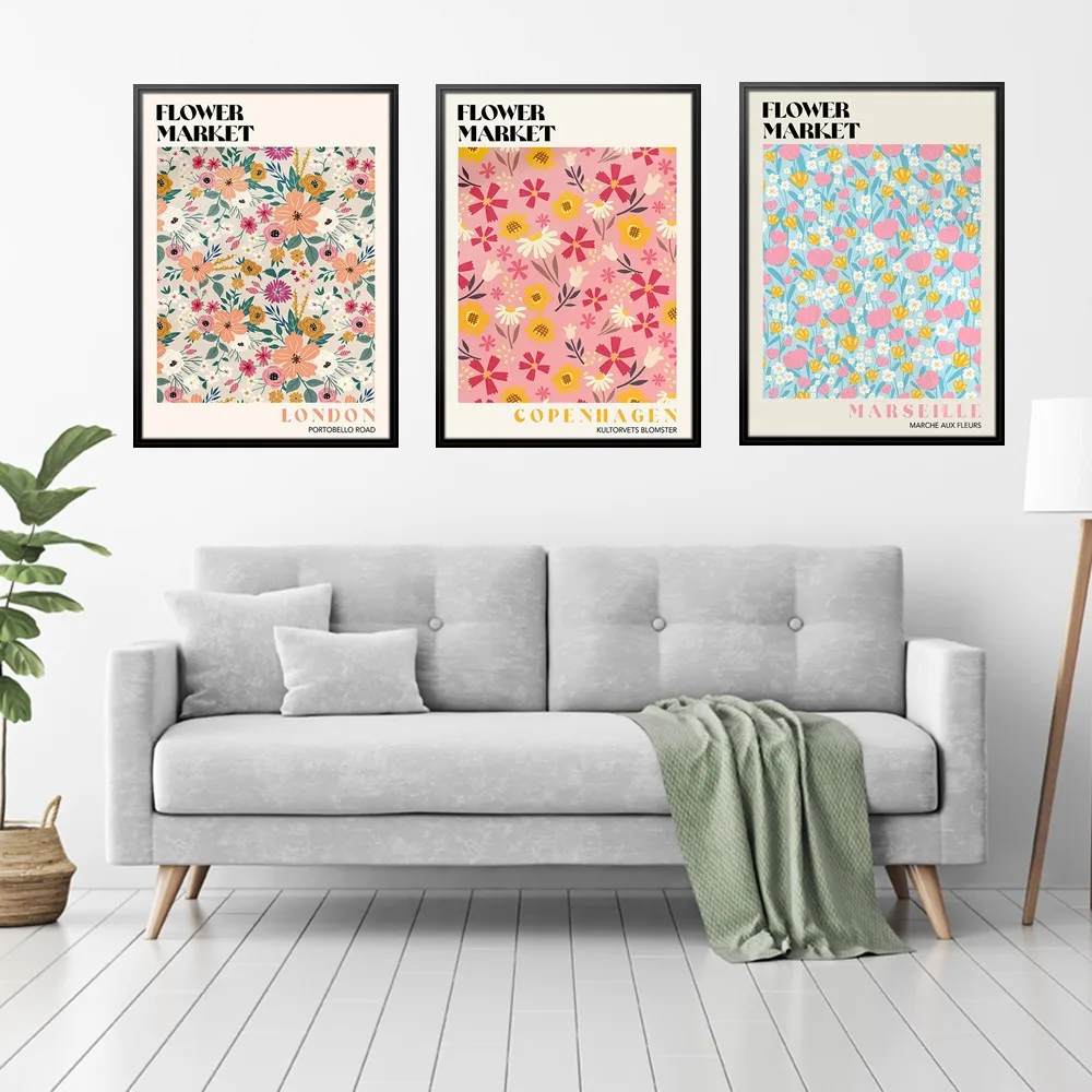 Pink Blue Flower Market Canvas Art Poster Abstract Daisy City Prints Wall Painting for Bedroom Living Room Decor Aesthetic