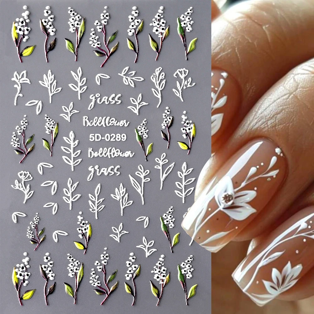 5D Embossed Texture Floral Nail Art Stickers Autumn Leaves Daisy Flower Adhesive Sliders Elegrant Wedding Design Engraved Decals