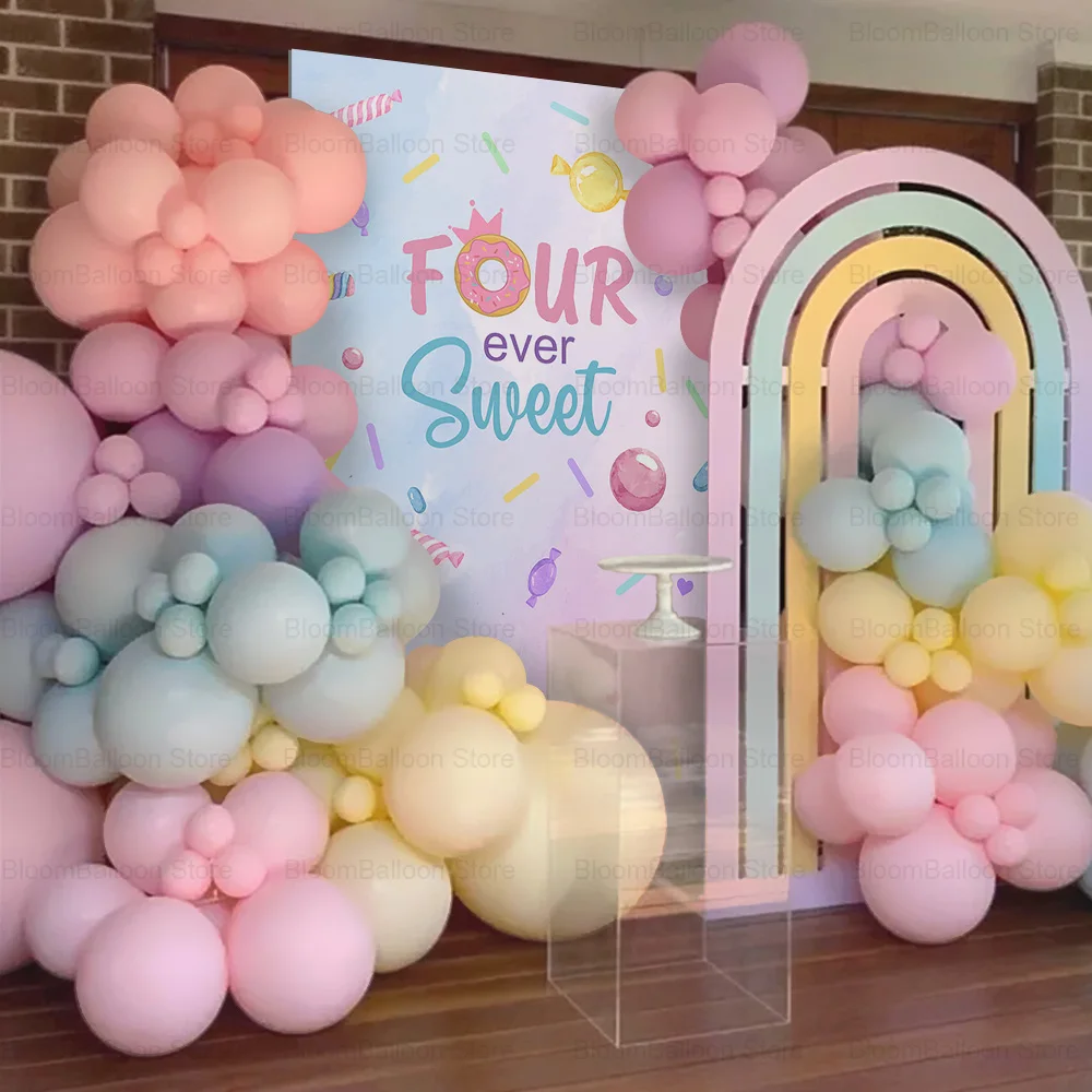 Imagem -03 - Candy Arch Birthday Backdrop Macaron Donut kt Board Decoração de Recorte para Menina Baby Shower Party Background