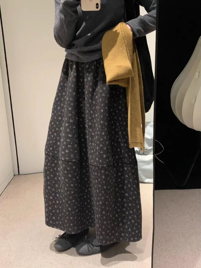 Falda Midi con Estampado Floral para Mujer, Otoño Invierno, Estilo Informal para el Trabajo, Falda Tipo Paraguas, Tul Hinchado, Largo hasta la Rodilla, Primavera Verano