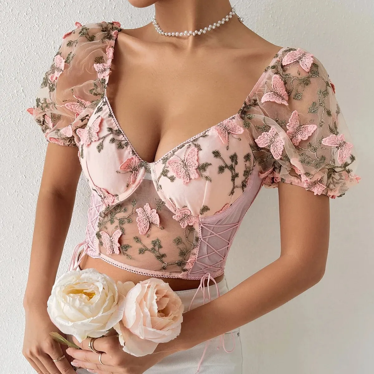 New Ins Sexy Mesh See-Through Crop Top Butterfly Embroidery T-Shirt Street Style Puff Sleeve Lace Hollow Backless Blouse