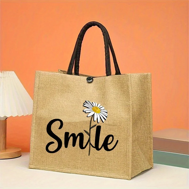 

Сумка-тоут с принтом ромашек и надписью Smile, большая вместимость, подарок с веселым дизайном для подруги, учительницы, мамы, для повседневного использования, путешествий и шопинга