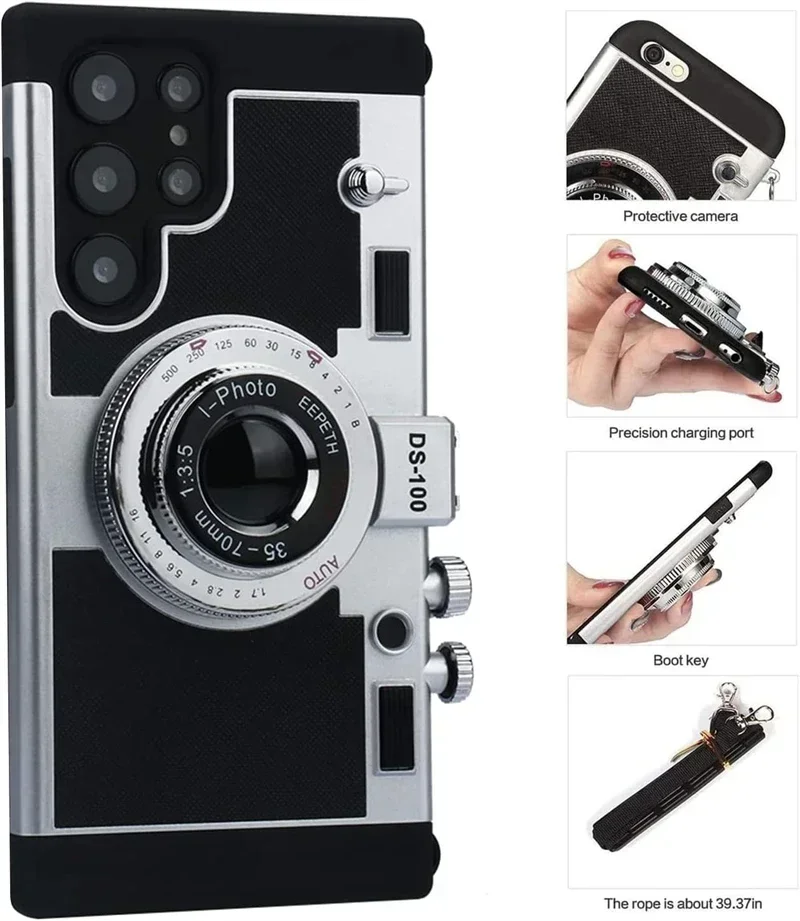 Emily In Paris 3D Retro-Kamera Lederhülle für Samsung Galaxy S25 S24 S23 S22 Note20 S26 Ultra Plus Cover mit Trageriemen – Detail 3